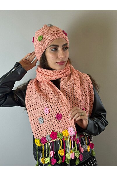 Gönülden Tasarım Hand Knitted Flowered Pink Women's Beanie Necklace Scarf Set