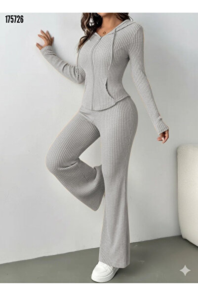 moda wanilia Women's Ribbed Knit Hooded Zippered Double Set – Blouse & Pants