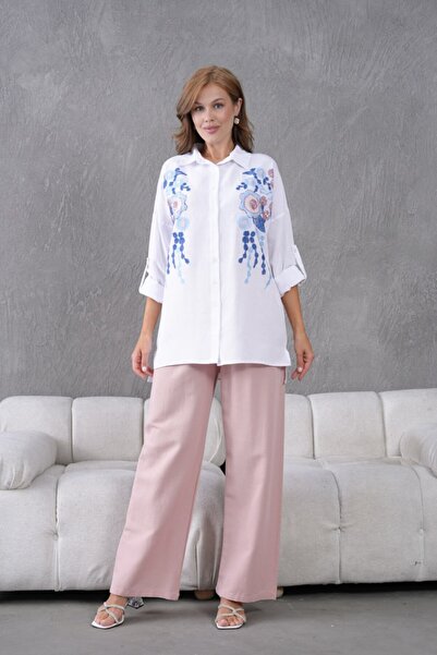 MVStore Floral Pattern Embroidery Embroidered Linen Oversize Shirt and Pants