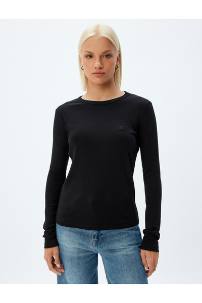 Koton Μακρυμάνικο μπλουζάκι με κέντημα με λεπτομέρεια από βαμβακερό λαιμόκοψη