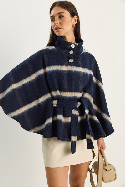 Bianco Lucci Women's Plaid Patterned Belted Button Detailed Cashmere Poncho 9081 60283766