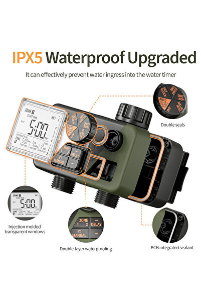 OEM Diivoo irrigation programmer, 2 outputs, IPX5 waterproof, Rain Delay automatic, green and black