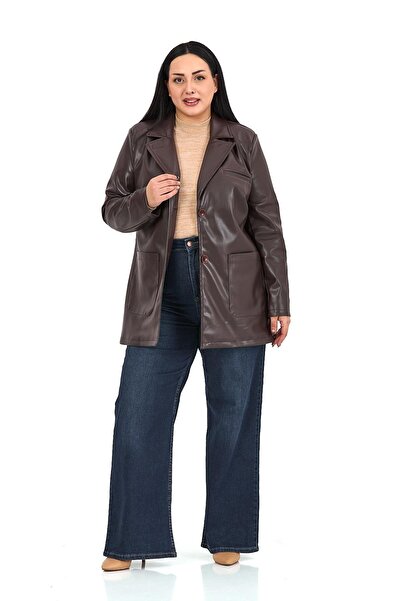 DISENTIS MODEST Plus Size Buttoned Lined Dark Brown Faux Leather Jacket with Bag Pockets