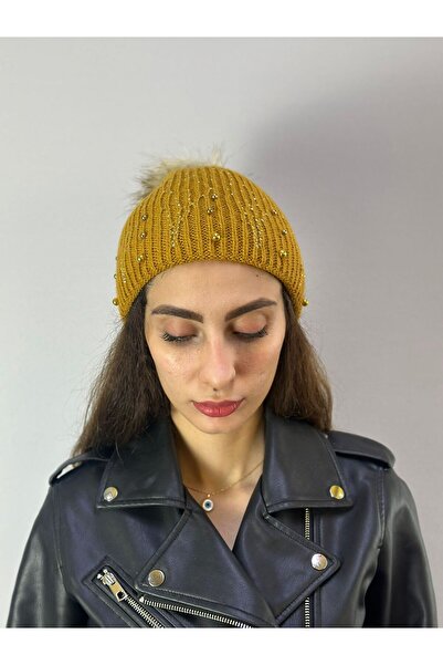 Gönülden Tasarım Beretă pentru femei cu pompon brodat cu margele de piatră