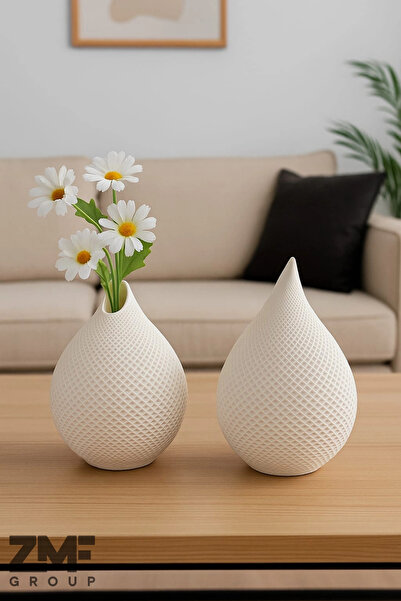 Cavelle Double Wicker Grid Pattern White Drop Vase Set