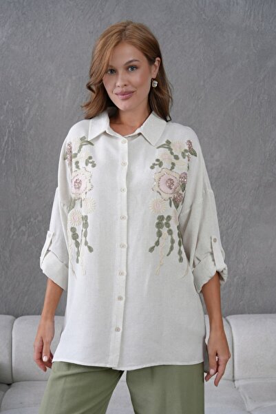 MVStore Floral Pattern Embroidery Embroidered Linen Oversize Shirt and Pants