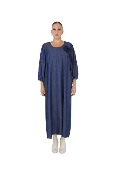 DARKWIN Büyük Beden Çiçek Motifli Küpür Detay İnce Kot Salaş Uzun Kadın Elbise