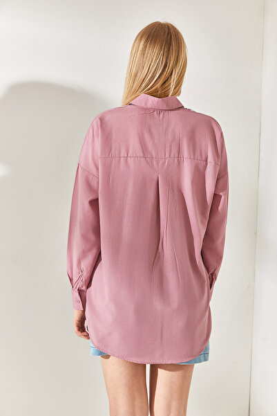 Olalook Women's Dusty Rose Pocket Detailed Printed Boyfriend Woven Shirt Gml-19001398