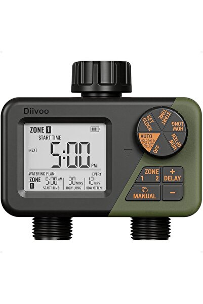 OEM Diivoo irrigation programmer, 2 outputs, IPX5 waterproof, Rain Delay automatic, green and black