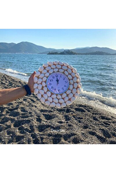 Decorible Beyaz Deniz Kabuklu El Yapımı Dekoratif Duvar Saati