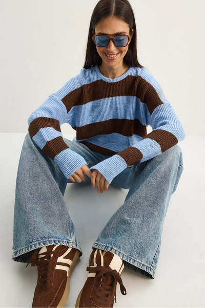 Bianco Lucci Pulover tricotaj casual cu dungi guler rotund pentru femei 60283779