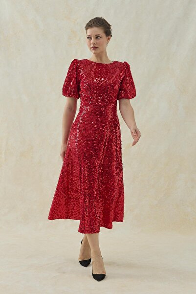 Elbee Fashion Woman Midi Length Sequin Sequin Dress