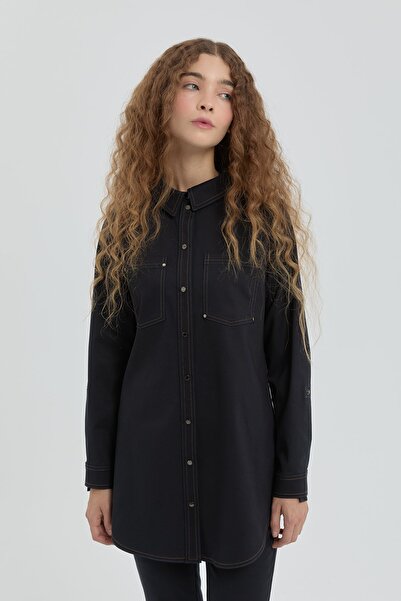 Nihan Dikiş Detaylı Gömlek Yaka Tunik - Lacivert