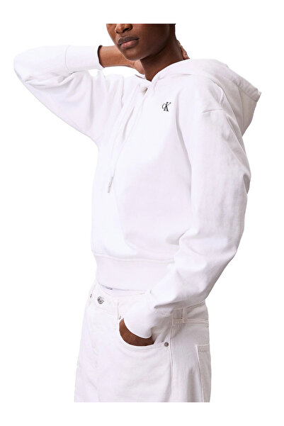 Calvin Klein Women's Regular Fit Ck Logo Embroidered K Hooded Long Sleeve White Sweatshirt Lv047C224G-Yaa