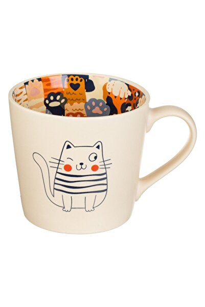 AB HOMES New Bone Porcelain Mug 420 ml, Ecru, Cat Design