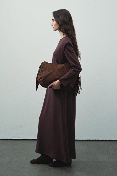 Hooopstore Aller Detailed Compact Cotton Burgundy Dress