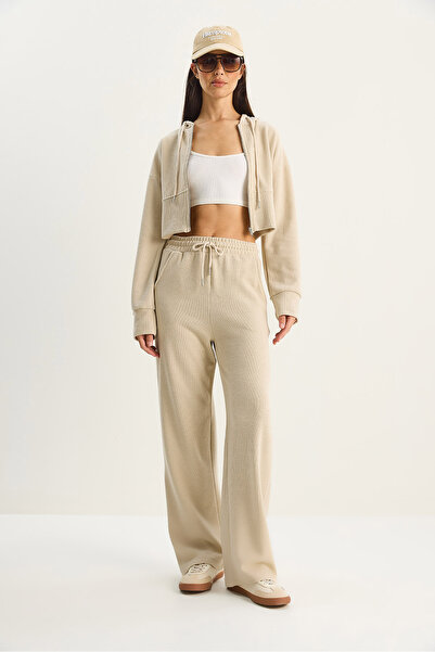 Bianco Lucci Women's Ribbed Knitted Fabric Comfortable Fit Hooded Zippered Top and Bottom Set 2030 60284064