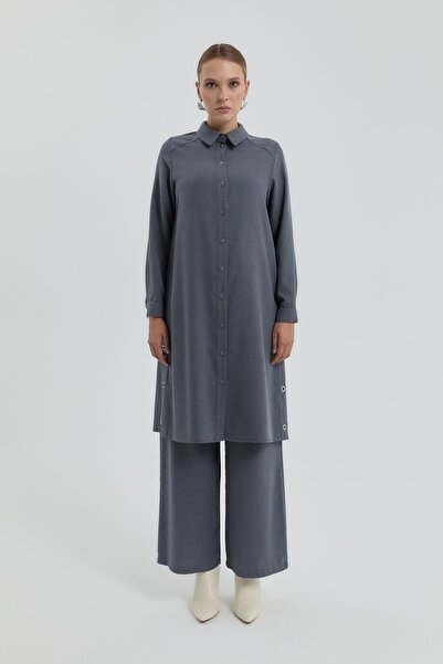Nihan Kuş Gözü Detaylı Gömlek Yaka Tunik - Gri