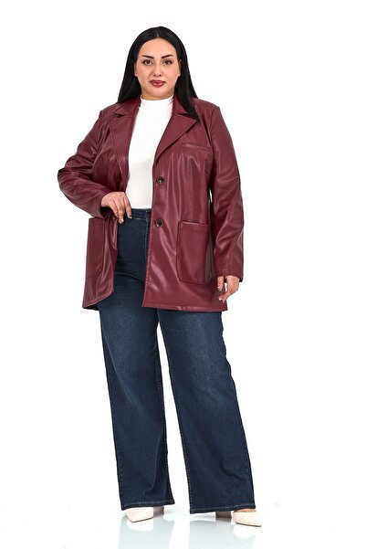 DISENTIS MODEST Plus Size Bag Pocket Buttoned Lined Burgundy Faux Leather Jacket