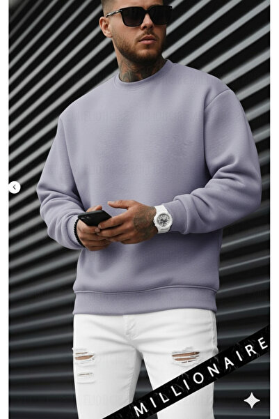 Millionaire Men's Lilac Tone Gray Basic 0 Crew Neck Unprinted Plain Oversized Loose Fit Sweatshirt