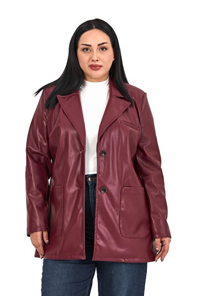 DISENTIS MODEST Plus Size Bag Pocket Buttoned Lined Burgundy Faux Leather Jacket