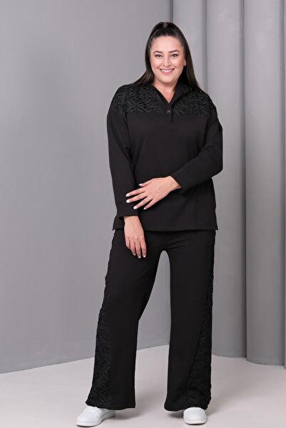 Ebsumu Women's Plus Size Lace Detailed Hooded Black Tracksuit Set