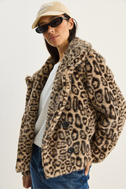 Bianco Lucci Women's Leopard Patterned Pocket Detailed Lined Faux Fur 6962 60283772