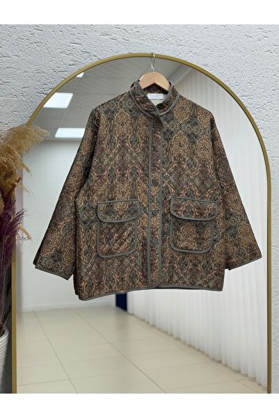 BENAHOLL Jachetă cu model etnic cu guler încrucișat cu nasturi cu buzunare duble Edwina-HE8415 kaki