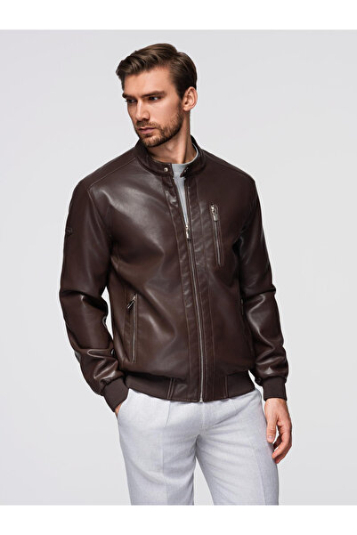 OMBRE Ανδρικό Μπουφάν με Εφέ Δέρματος και Σταθερό Γιακά - Σκούρο Καφέ V1 OM-JAFL-0109
