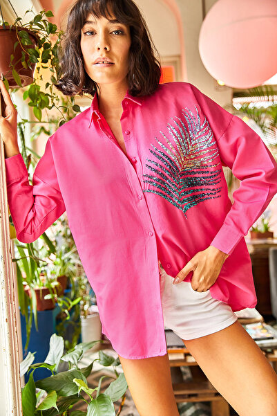 Olalook Women's Fuchsia Palm Sequin Detailed Boyfriend Woven Shirt Gml-19001400