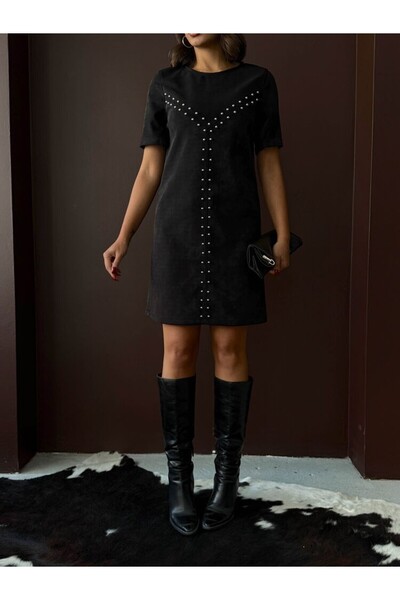 cemo Women's Black Staple Detailed Suede/Faux Leather Mini Dress Short Sleeve Evening Dress