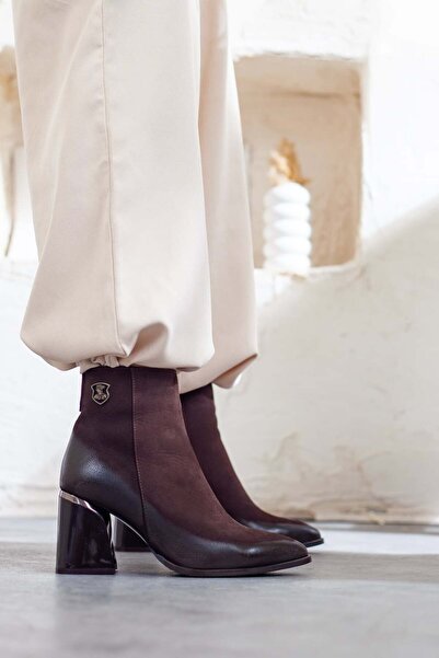 Adım Adım Women's Genuine Leather Pointed Toe Heeled Boots