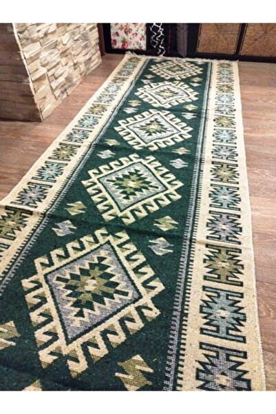 OEM Traditional rug, size 80 x 400 cm, green and cream, ROMB pattern