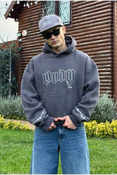 serline ANDY Acid Wash Nakış Baskılı Oversize Hoodie