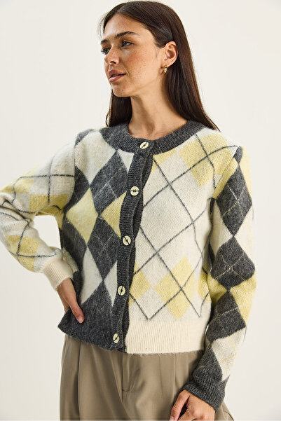 Bianco Lucci Women's Diamond Pattern Crew Neck Jacquard Cardigan 4922 60283759