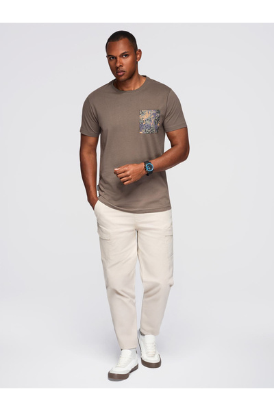 OMBRE Men's Cotton T-shirt with Printed Pocket - Dark Olive V1 OM-TSPT-0227