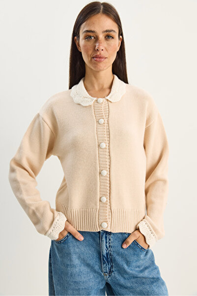 Bianco Lucci Women's Knitted Peter Pan collar Sleeve Detailed Knitwear Cardigan Th251054 60283768