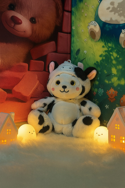 SYS PREMİUM - Peluş kapüşonlu inek kostümlü ayıcık 23 cm, peluş oyuncak, hediyelik eşya