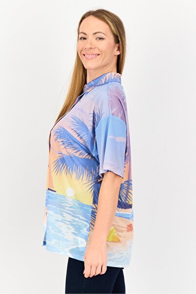 Forever 21 Women Spread Collar Short Sleeve Allover Print Shirt, Multicolor