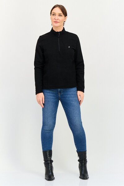 DeFacto Women Mock Neck Long Sleeve Embroidered Logo Sweatshirt, Black