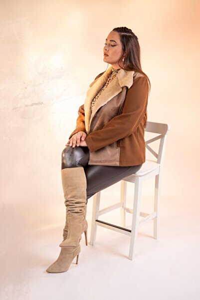 Roxxlen 12224154 Γυναικείο παλτό με γούνινο γιακά σε μεγάλο μέγεθος Camel