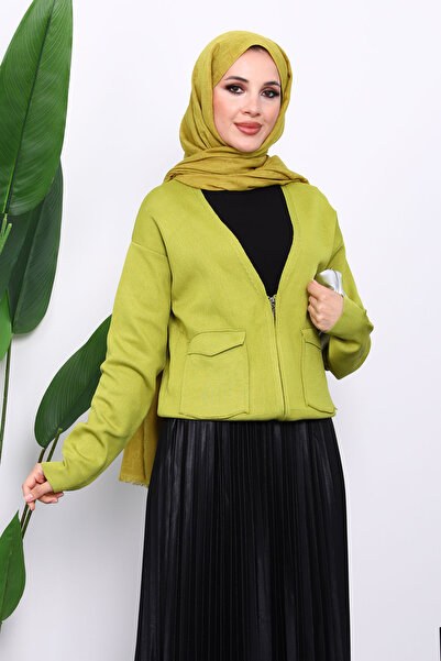 İmajButik Oil Green Double Pocket Zippered Knitwear Cardigan