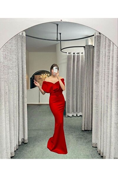 Bellucia Kuşaklı Volan Yaka Saten Abiye Elbise