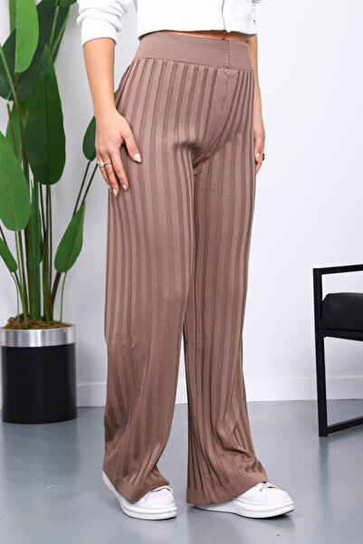 İmajButik Koyuv Mink High Waist Corded Fabric Wide Leg Knitwear Trousers