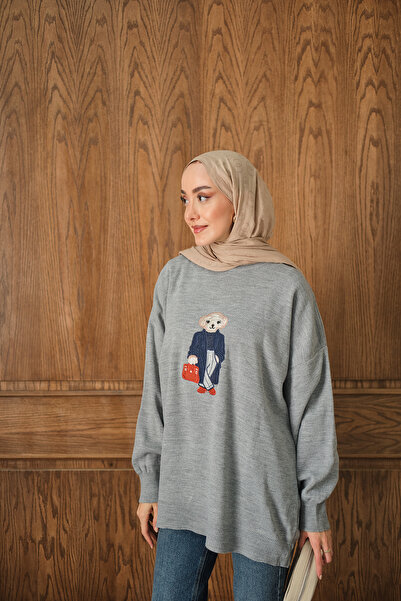 LOCCO Жіночий трикотажний комплект з вишивкою ведмедиком, сірий