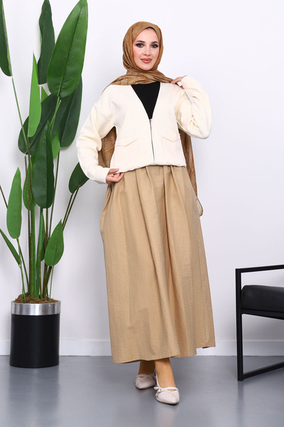 İmajButik Cream Double Pocket Zippered Knitwear Cardigan