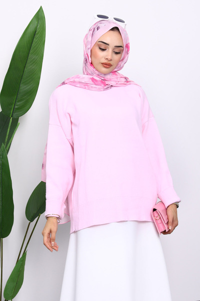 İmajButik Pink Crew Neck Soft Textured Oversized Knitwear Sweater