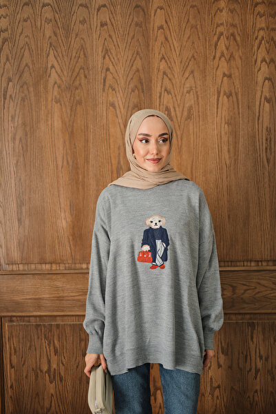 LOCCO Women's Teddy Bear Embroidered Knitwear Set Gray