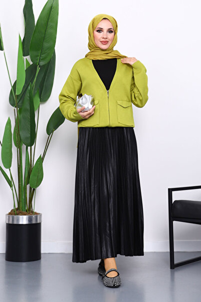 İmajButik Oil Green Double Pocket Zippered Knitwear Cardigan