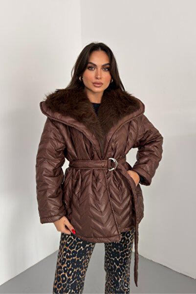 spirituel Women's Puffer Coat Wide Collar Belted Collar Fur Quilted Coat